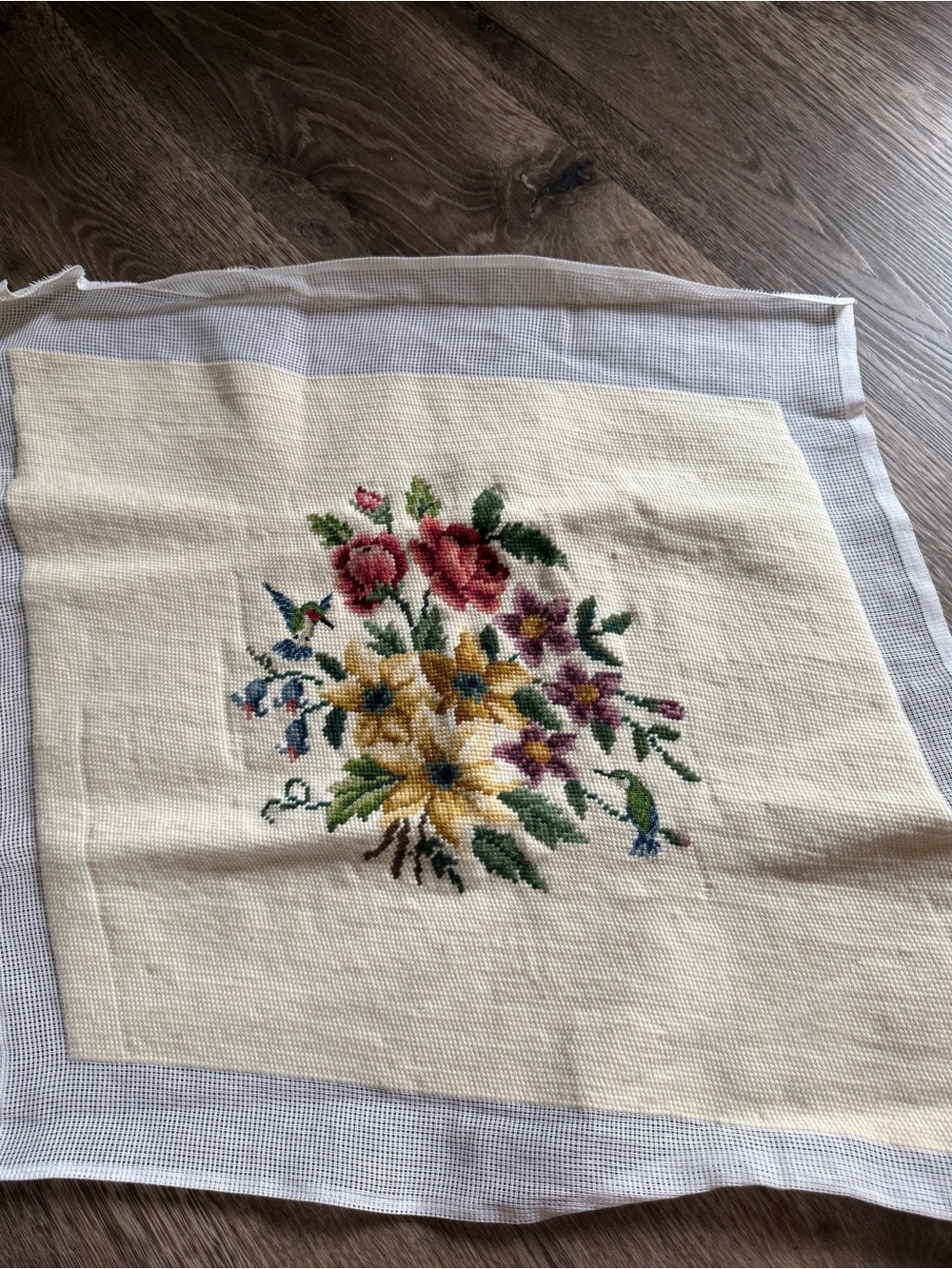Hand-Embroidered Stitched Needlepoint Floral Wall Art in Pink and Green NEW